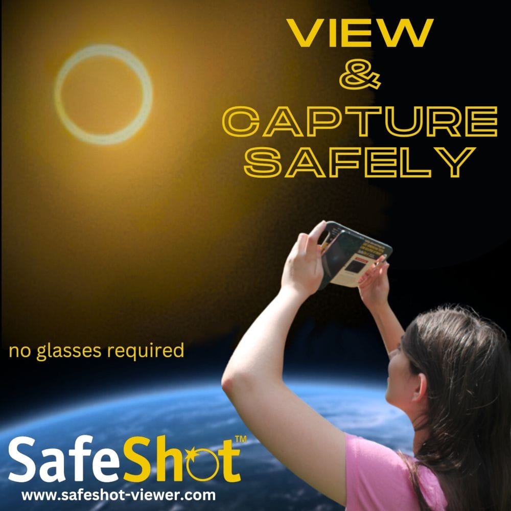 Informational image of the Safeshot smartphone solar eclipse viewer in action viewing, capturing with no glasses, a solar eclipse.  Safely.  Record and view.