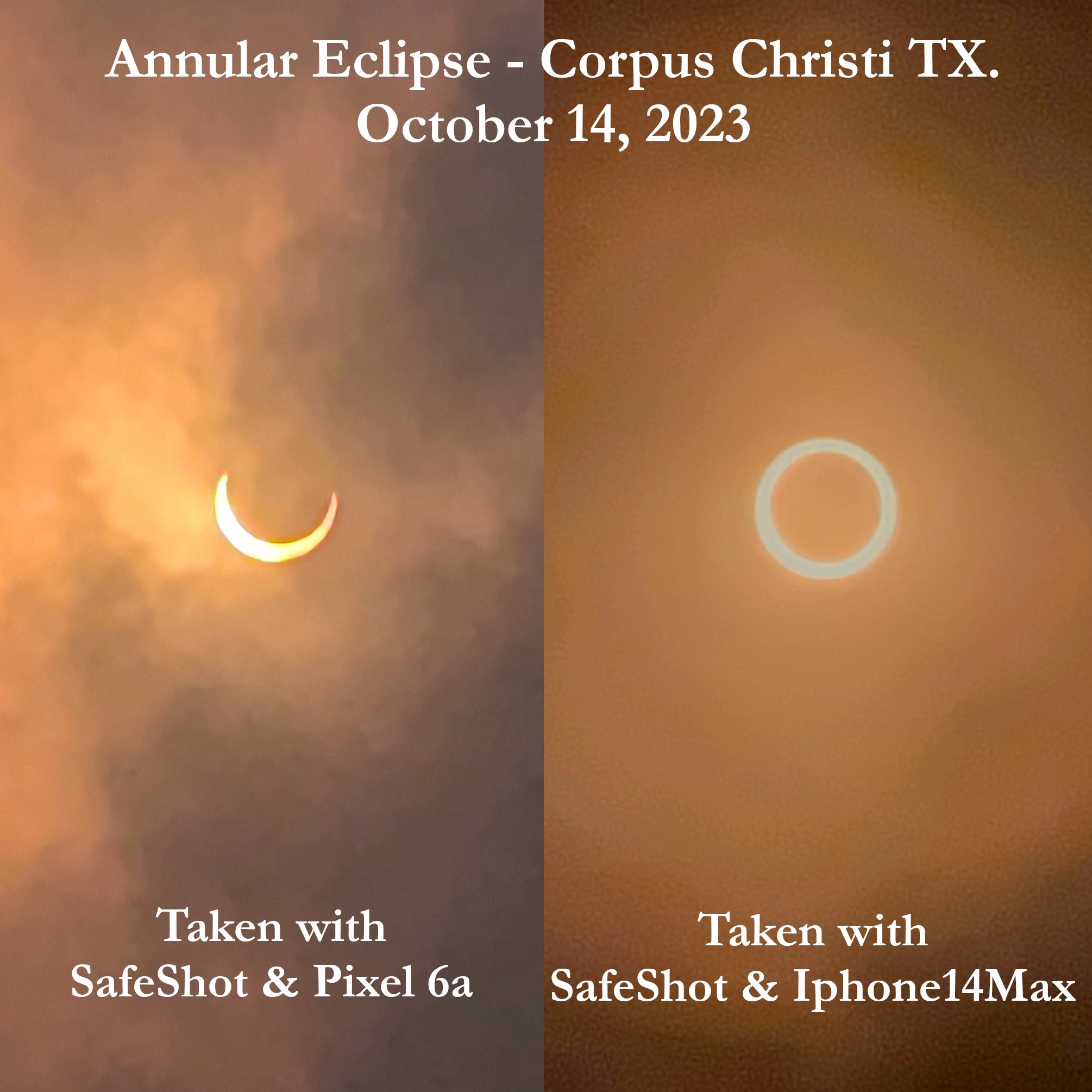 Annular solar eclipse images taken with Safeshot smartphone solar eclipse viewer.